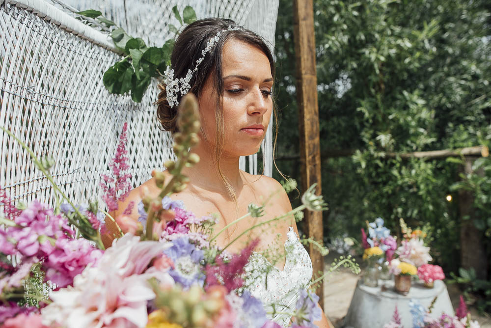 Bride Bridal Dress Gown Beaded Sequin Cap Sleeves Bouquet Flowers Astilbe Dahlia Rose Ribbon Make Up Colourful Pretty Floral Tipi Boho Wedding Ideas Purple Pear Tree Photography