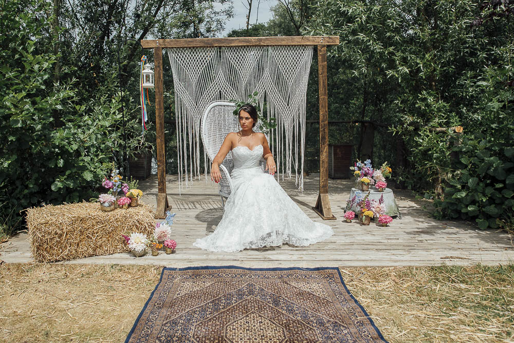 Macrame Wooden Frame Backdrop Ceremony Aisle Persian Rug Ribbons Flowers Colourful Pretty Floral Tipi Boho Wedding Ideas Purple Pear Tree Photography