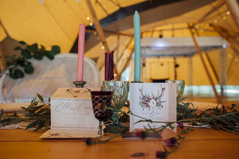 Stationery Invitations Invites Antler Florals Colourful Pretty Floral Tipi Boho Wedding Ideas Purple Pear Tree Photography