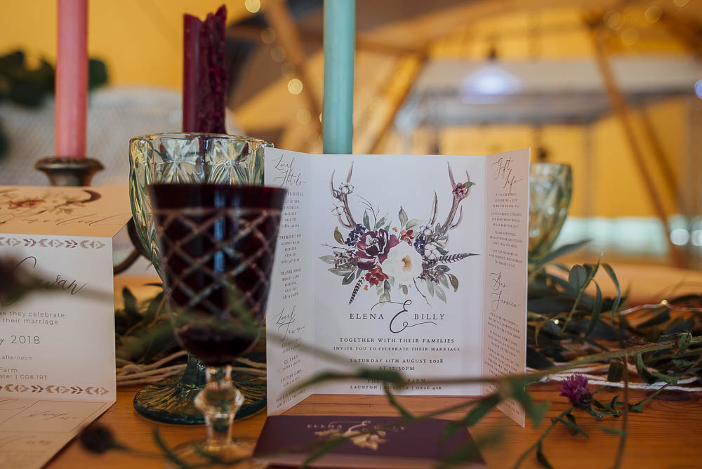 Stationery Invitations Invites Antler Florals Colourful Pretty Floral Tipi Boho Wedding Ideas Purple Pear Tree Photography