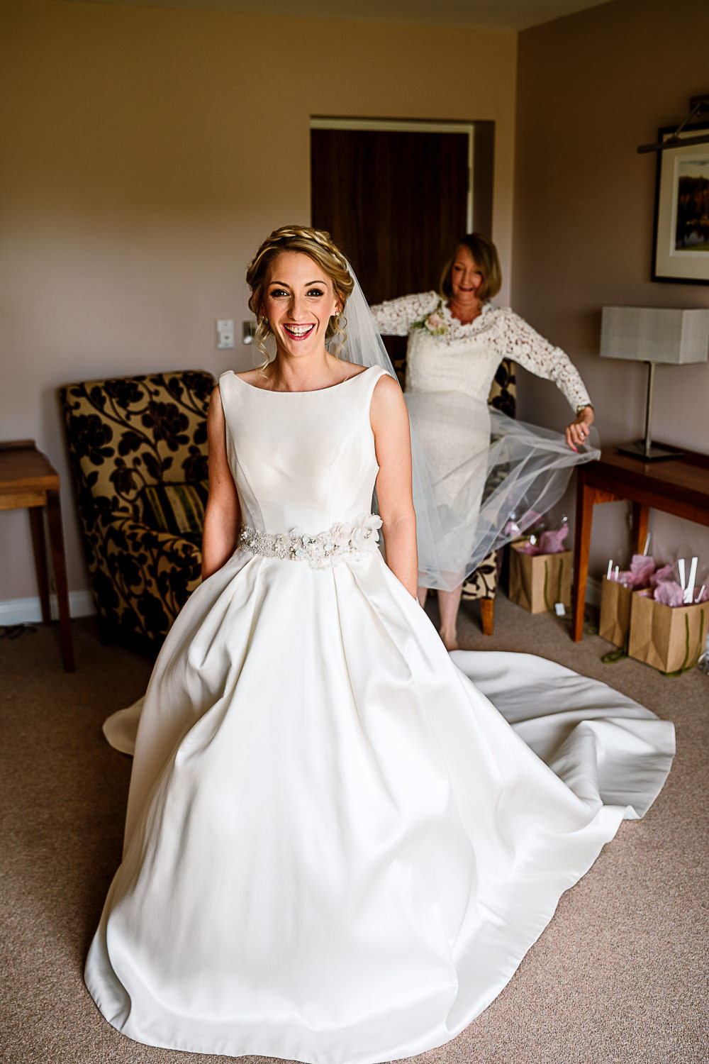 Bride Bridal Dress Gown Belt Pockets Skirt Full Train Coniston Hotel Wedding Hayley Baxter Photography