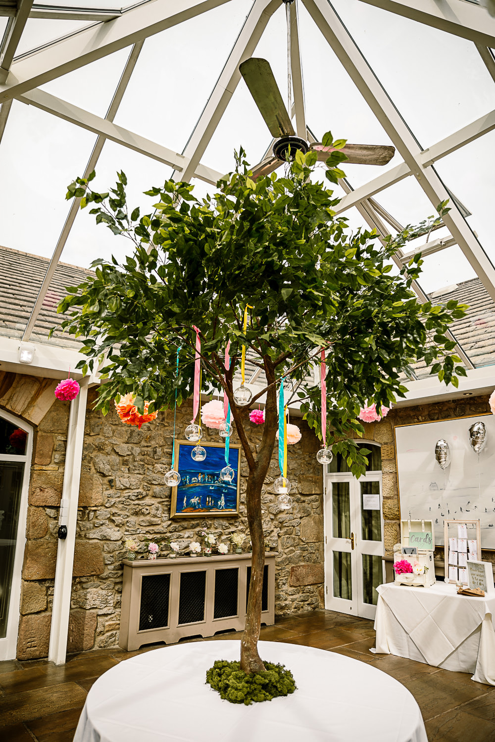 Tree Decor Decoration Ribbons Hanging Tea Lights Candles Coniston Hotel Wedding Hayley Baxter Photography