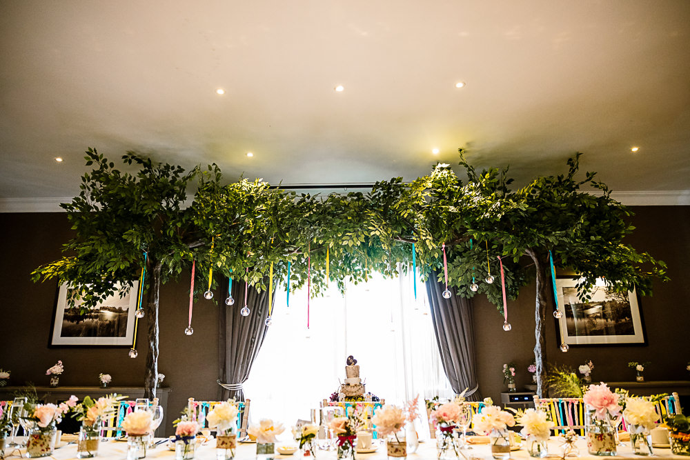 Top Table Backdrop Flower Installation Greenery Foliage Coniston Hotel Wedding Hayley Baxter Photography