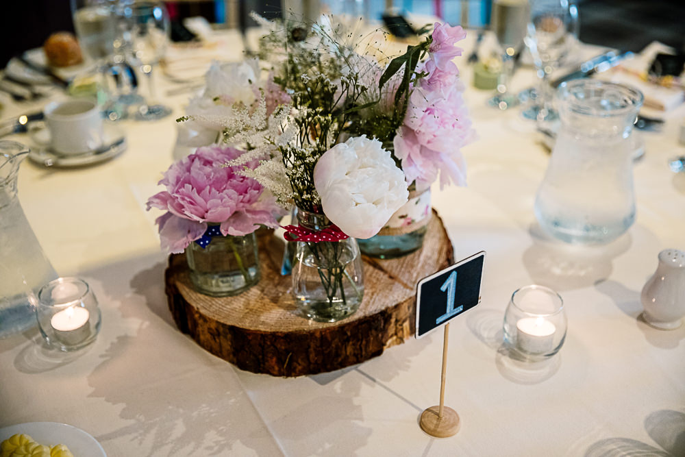 Table Decor Centrepiece Log Peony Peonies Flowers Pink Coniston Hotel Wedding Hayley Baxter Photography