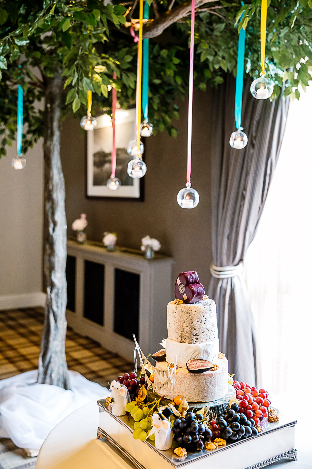 Tree Decor Decoration Ribbons Hanging Tea Lights Candles Cake Table Coniston Hotel Wedding Hayley Baxter Photography