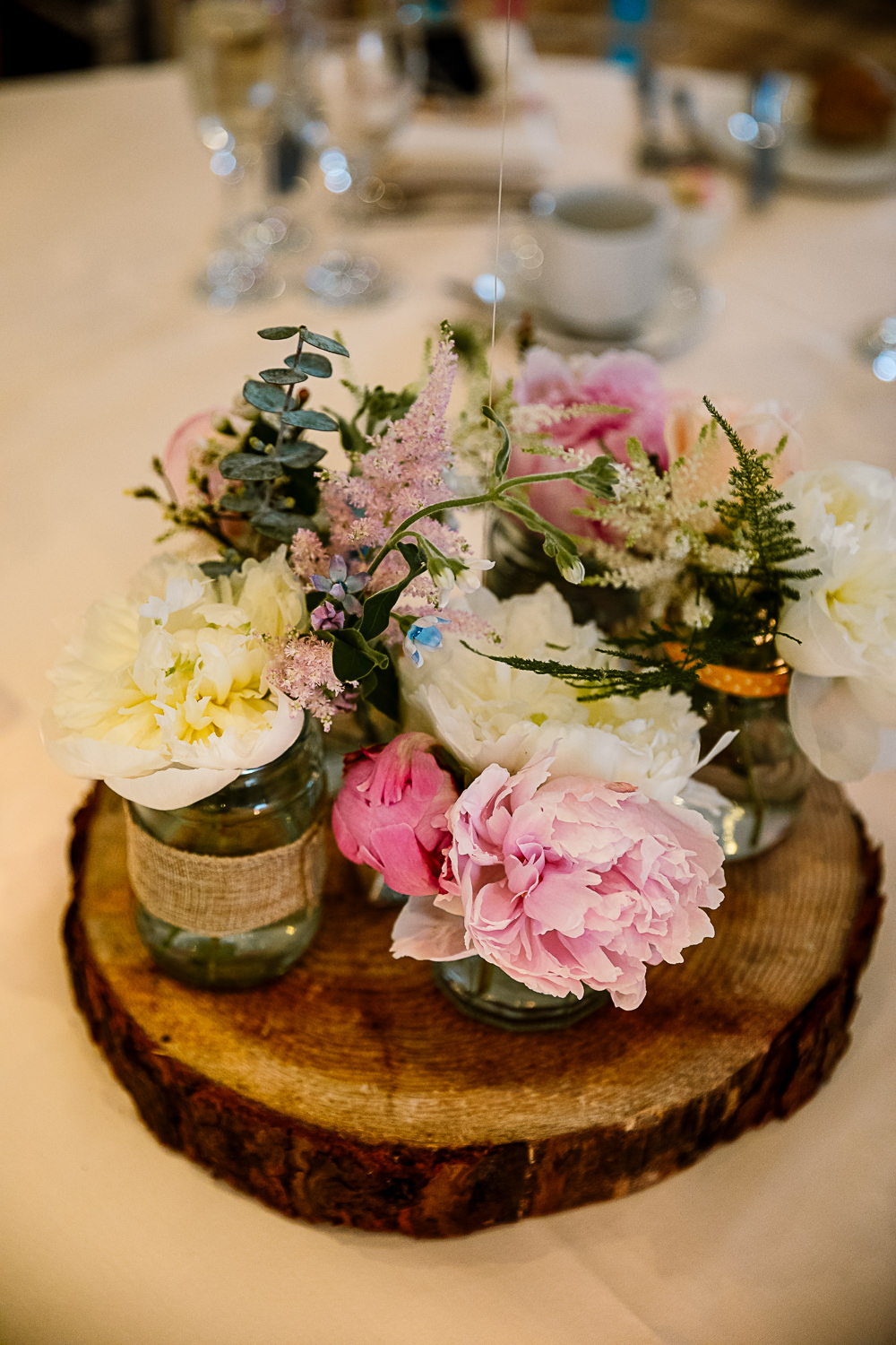 Table Decor Centrepiece Log Peony Peonies Flowers Pink Coniston Hotel Wedding Hayley Baxter Photography