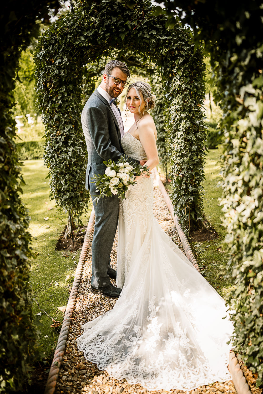 Bride Bridal Dress Gown Sweetheart Neckline Lace Braided Up Do Plait Bow Tie Groom Greenery White Rose Bouquet Crab and Lobster Wedding Hayley Baxter Photography