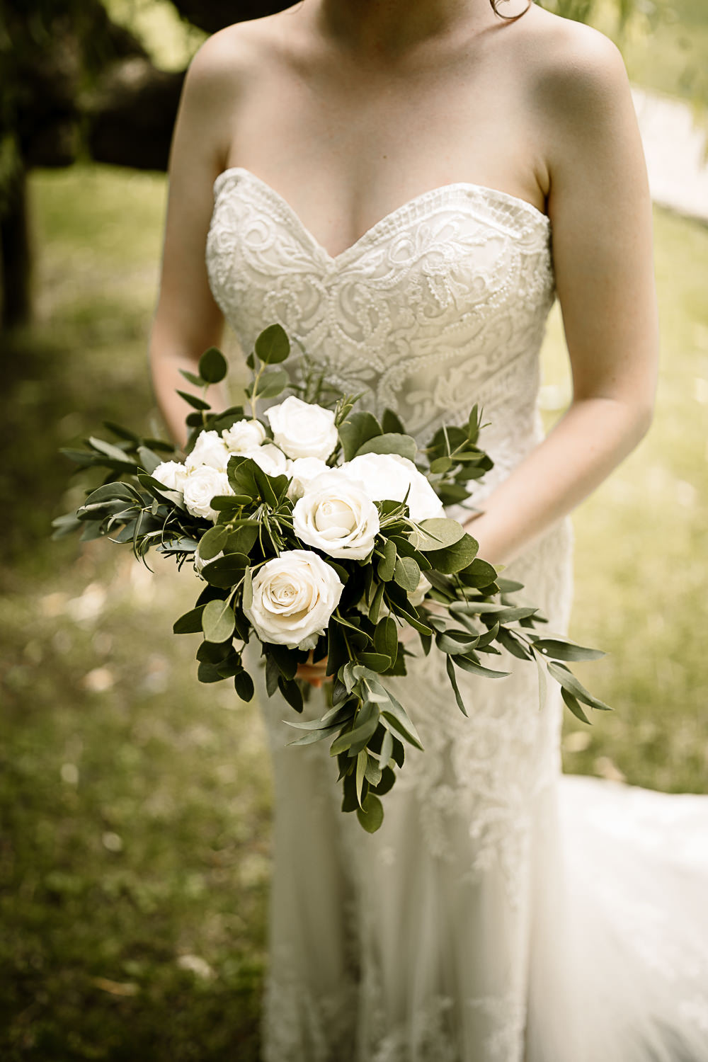 Bride Bridal Dress Gown Sweetheart Neckline Lace Greenery White Rose Bouquet Crab and Lobster Wedding Hayley Baxter Photography