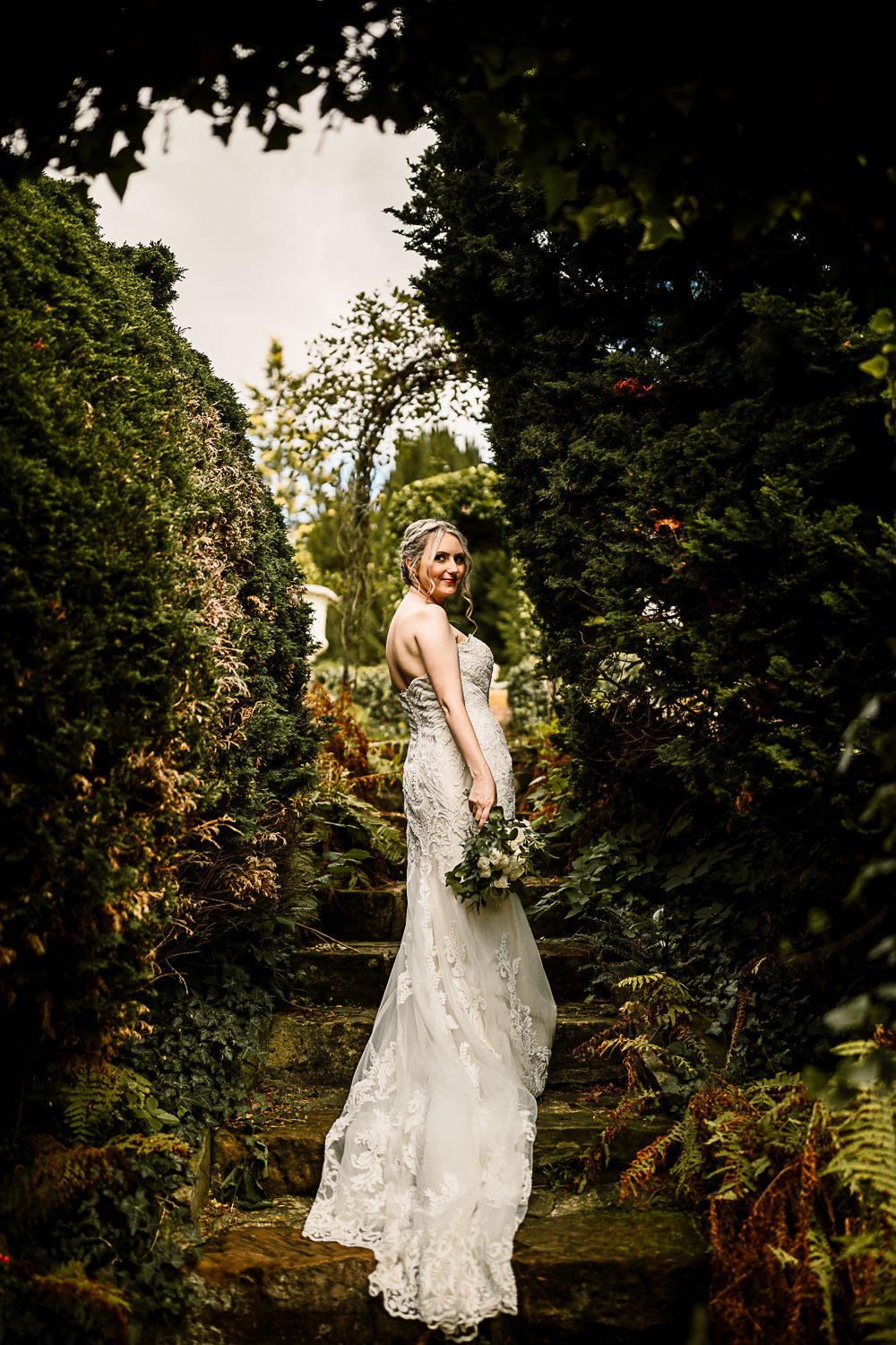 Bride Bridal Dress Gown Sweetheart Neckline Lace Braided Up Do Plait Greenery White Rose Bouquet Crab and Lobster Wedding Hayley Baxter Photography