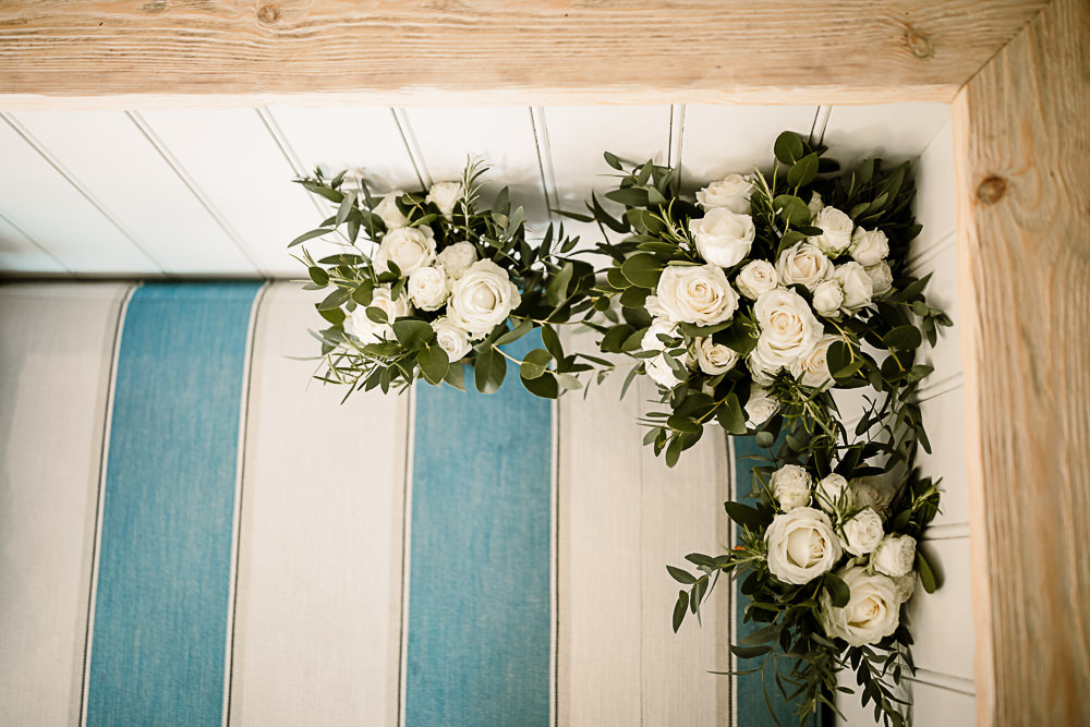 White Greenery Rose Flowers Floral Garland Crab and Lobster Wedding Hayley Baxter Photography