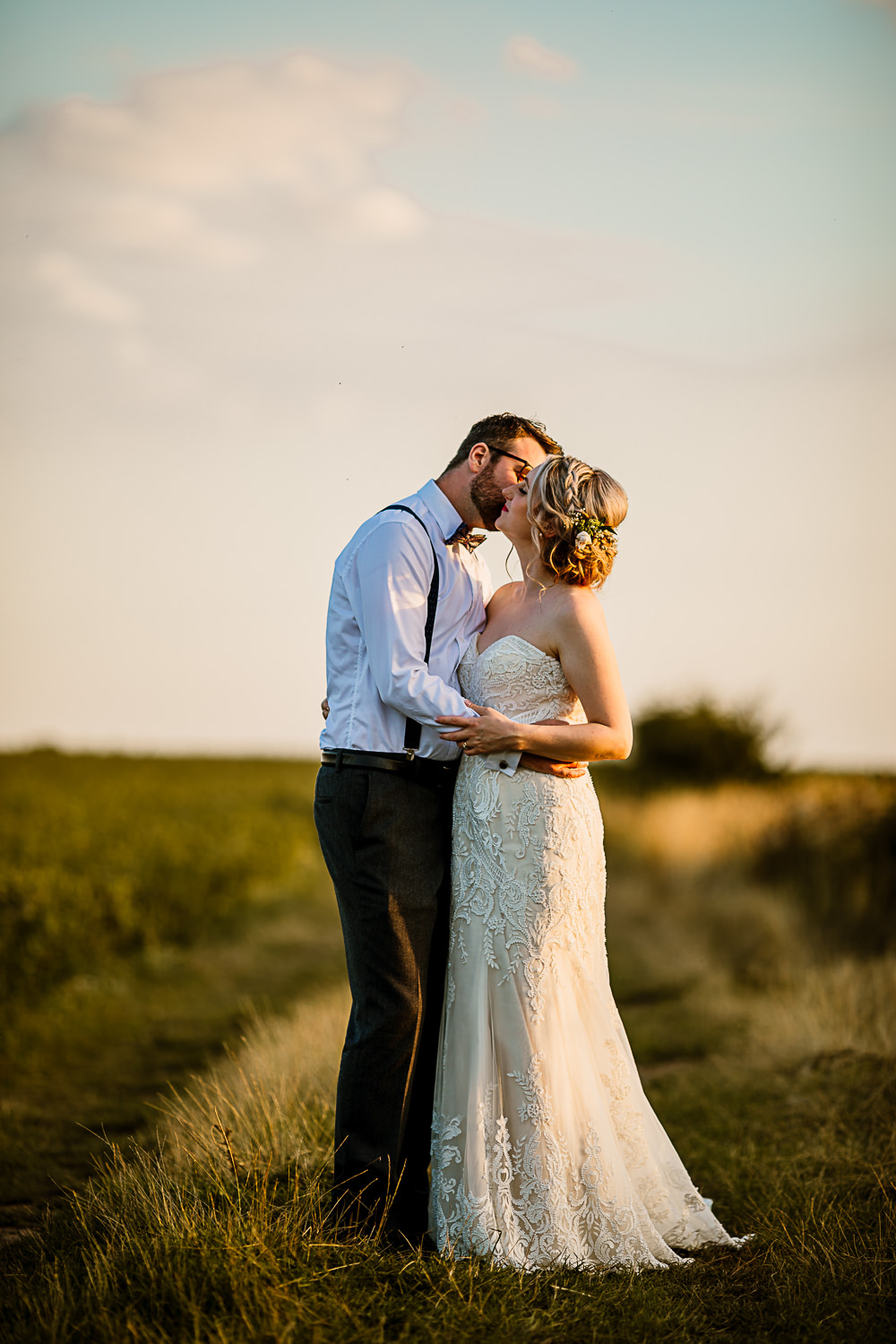 Bride Bridal Dress Gown Sweetheart Neckline Lace Braided Up Do Plait Bow Tie Braces Groom Crab and Lobster Wedding Hayley Baxter Photography