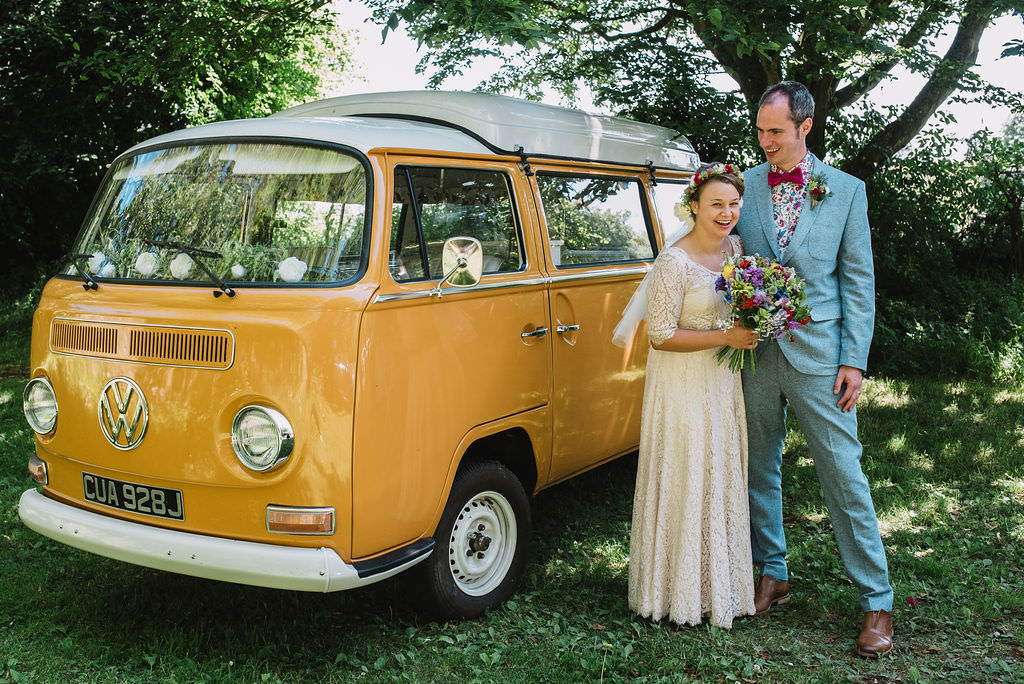 Groom Blue Tweed Suit Floral Shirt Bow Tie VW Yellow Camper Van Mustard Eco Friendly Wedding The Stag and the Doe