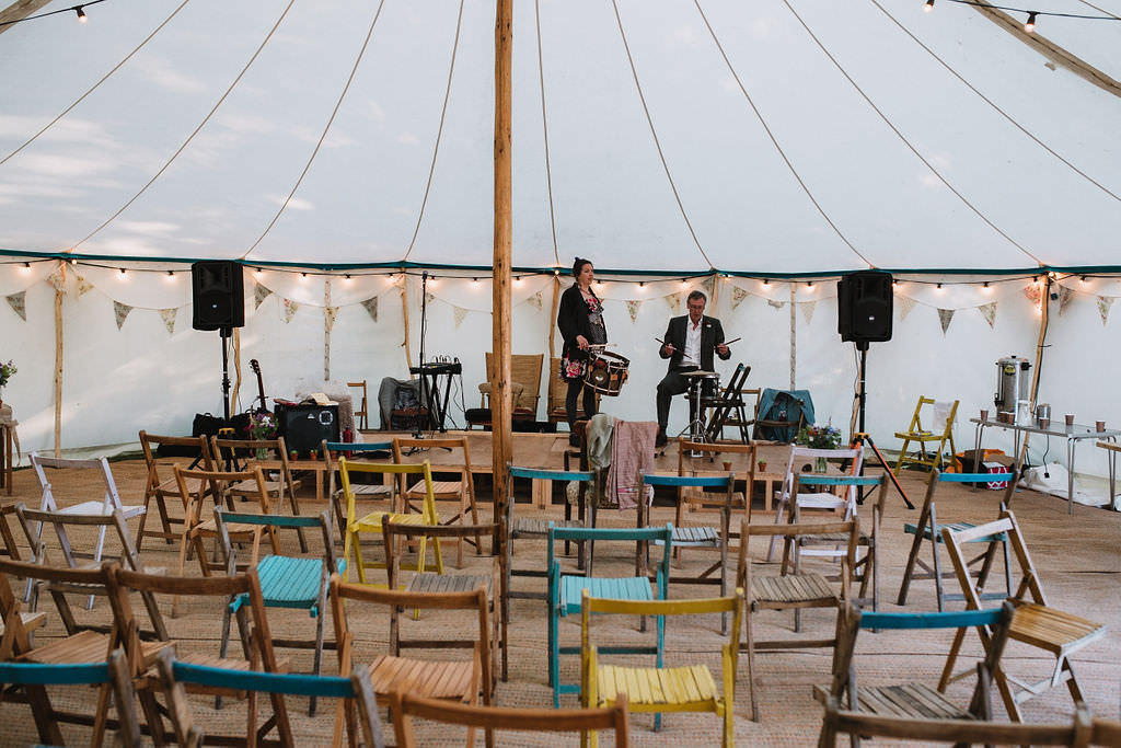 Pole Tent Marquee Rustic Furniture Table Chairs Festoon Lights Bunting Open Sides Ceremony Eco Friendly Wedding The Stag and the Doe