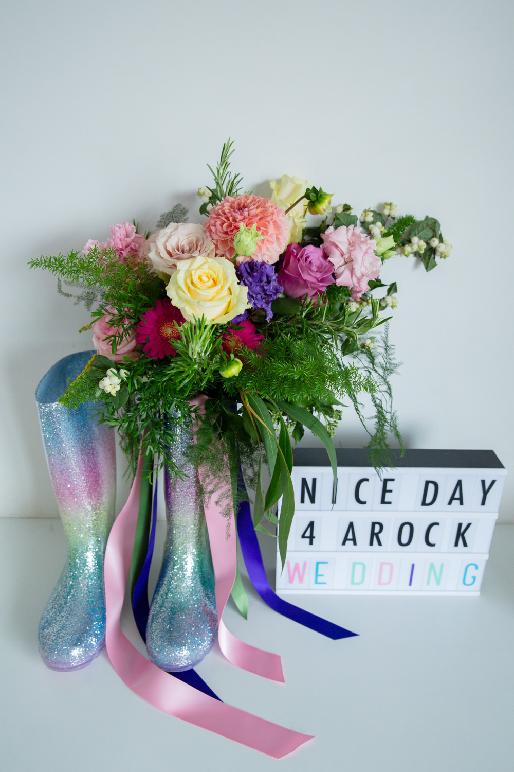 Bouquet Flowers Bride Bridal Colourful Multicolour Rainbow Ribbons Rose Dahlia Fern Enchanted Garden Events Wedding Sharon Cooper Photography