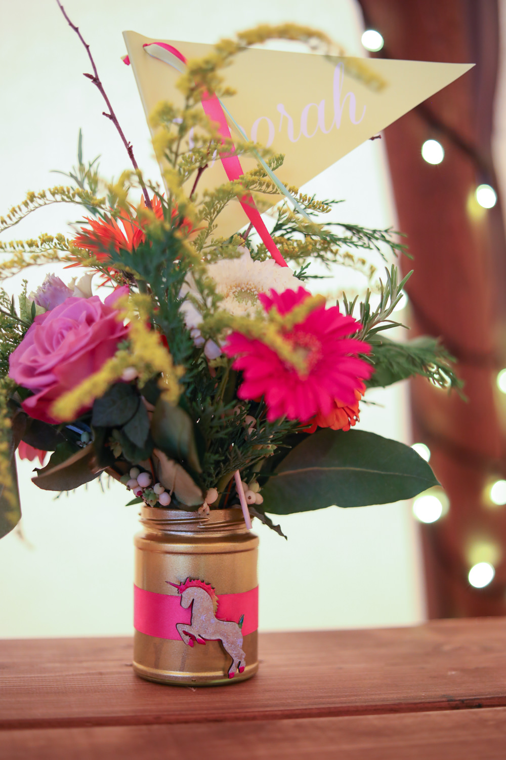 Flowers Centrepiece Decor Flag Table Name Number Gold Painted Unicorn Jars Enchanted Garden Events Wedding Sharon Cooper Photography