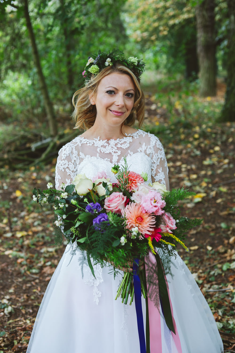 Bride Bridal Flower Crown Bouquet Tea Length Short Dress Lace Sleeves Enchanted Garden Events Wedding Sharon Cooper Photography