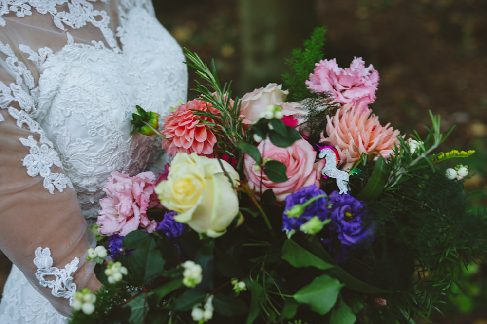 Bouquet Flowers Bride Bridal Colourful Multicolour Rainbow Ribbons Rose Dahlia Fern Enchanted Garden Events Wedding Sharon Cooper Photography