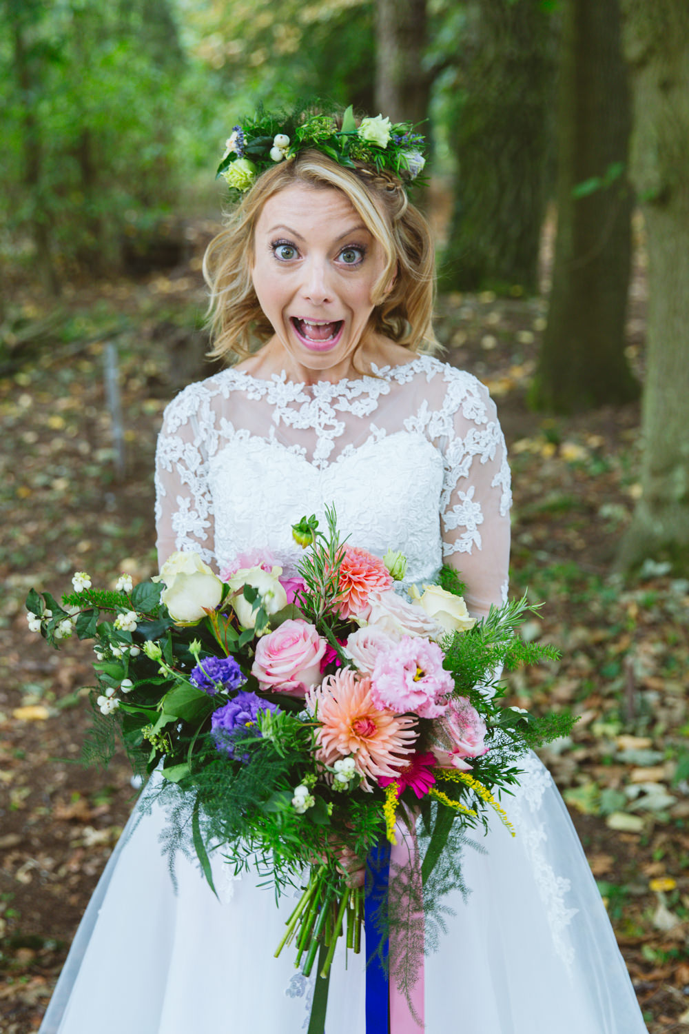 Bouquet Flowers Bride Bridal Colourful Multicolour Rainbow Ribbons Rose Dahlia Fern Enchanted Garden Events Wedding Sharon Cooper Photography