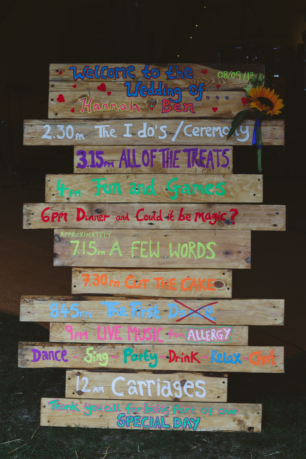 Wooden Sign Signpost Painted Multicolour Rainbow Colourful Rustic Enchanted Garden Events Wedding Sharon Cooper Photography