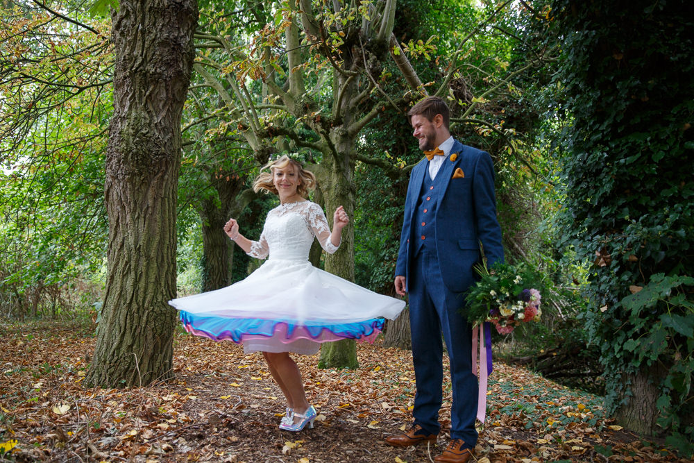 Bride Bridal Flower Crown Bouquet Tea Length Short Dress Lace Sleeves Blue Pink Petticoat Enchanted Garden Events Wedding Sharon Cooper Photography
