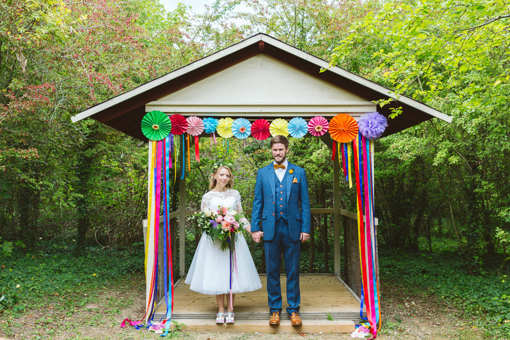 Backdrop Ceremony Arch Pinwheels Ribbons Rainbow Colourful Multicolour Enchanted Garden Events Wedding Sharon Cooper Photography