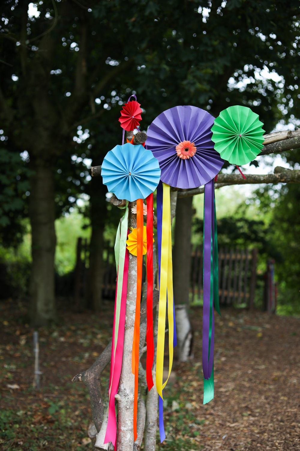 Backdrop Ceremony Arch Pinwheels Ribbons Rainbow Colourful Multicolour Enchanted Garden Events Wedding Sharon Cooper Photography