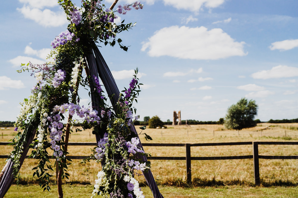 Wooden Triangle Ceremony Aisle Backdrop Flowers Arch Outdoor Godwick Hall Wedding Rob Dodsworth Photography