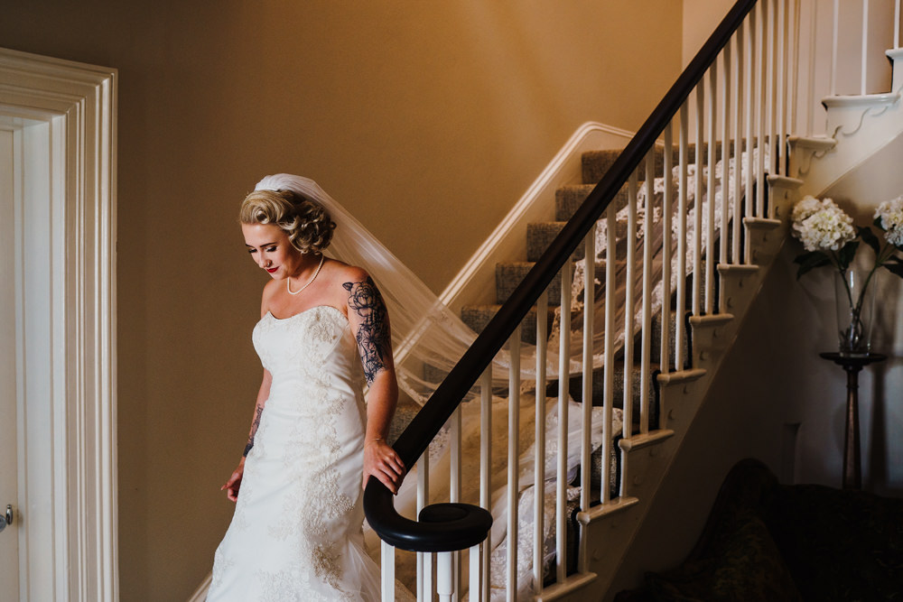 Dress Gown Bride Bridal Strapless Fit Flare Veil Godwick Hall Wedding Rob Dodsworth Photography