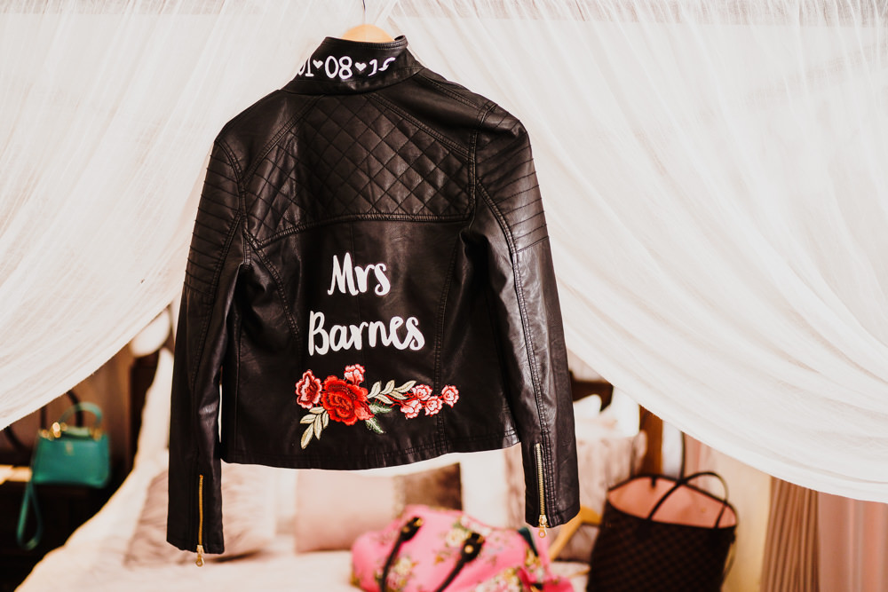 Painted Personalised Floral Leather Jacket Bride Bridal Godwick Hall Wedding Rob Dodsworth Photography