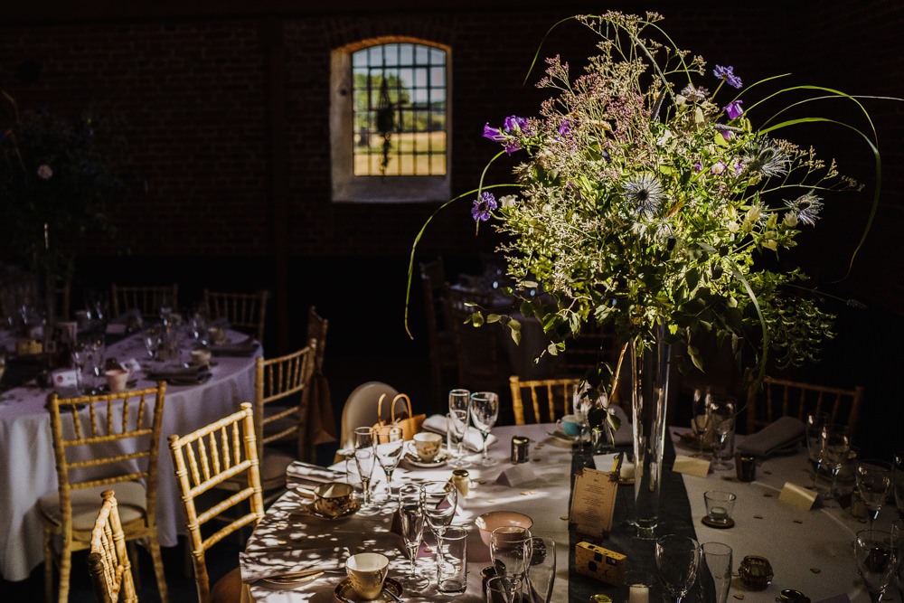 Table Centrepiece Flowers Decor Tall Wild Natural Greenery Godwick Hall Wedding Rob Dodsworth Photography