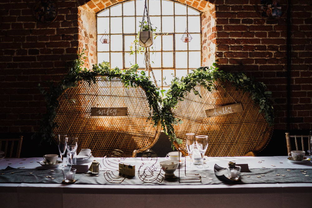 Peacock Chairs Bride Groom Top Table Greenery Decor Godwick Hall Wedding Rob Dodsworth Photography