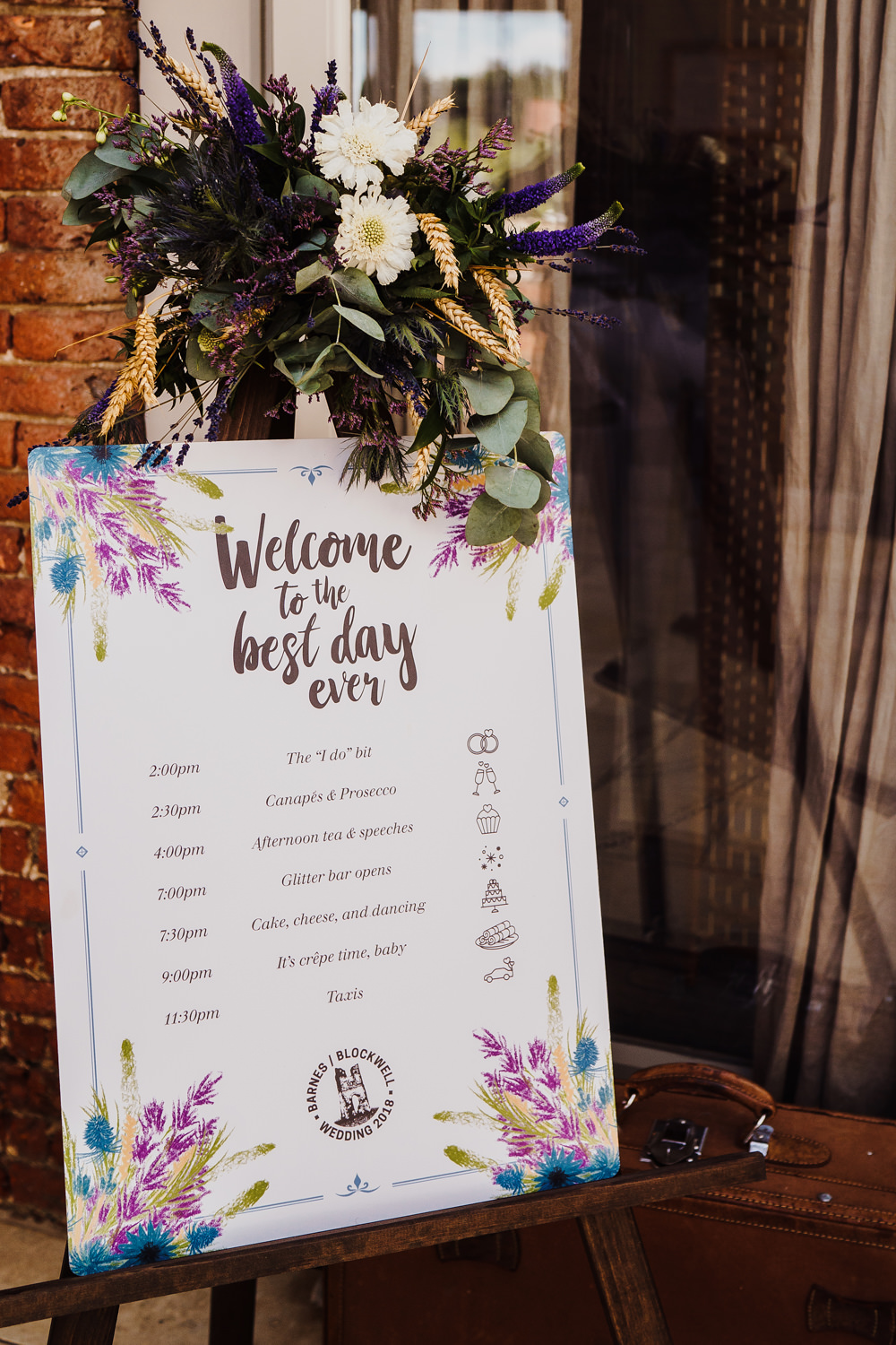 Welcome Sign Stationery Floral Illustrated Flowers Greenery Calligraphy Easel Godwick Hall Wedding Rob Dodsworth Photography