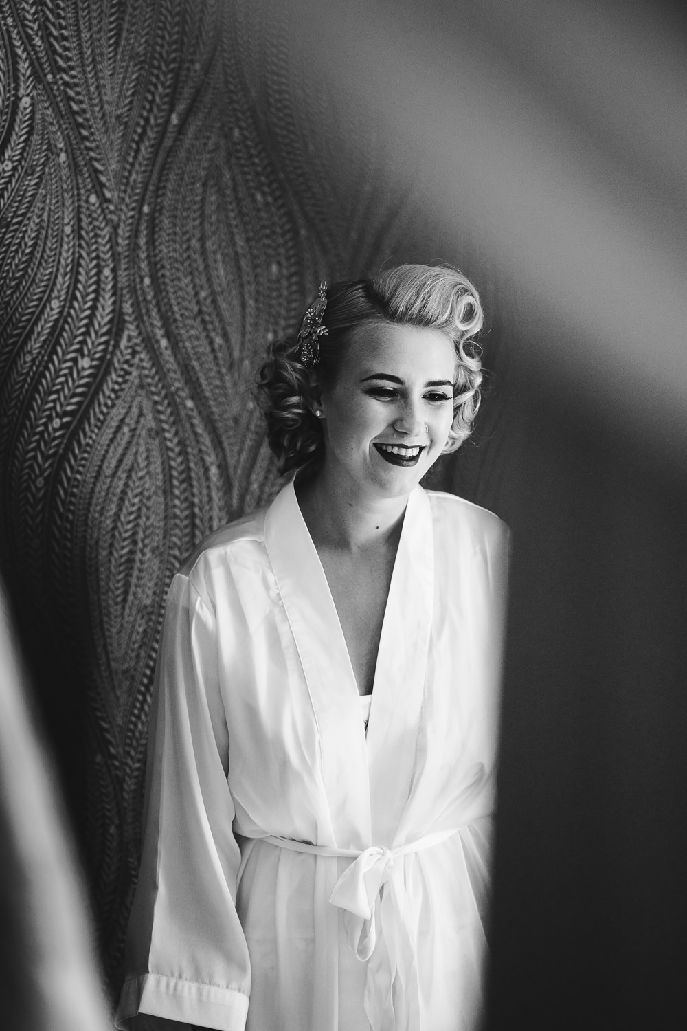Bride Bridal Dressing Gown Robe Hair Make Up Curls Glamorous Godwick Hall Wedding Rob Dodsworth Photography