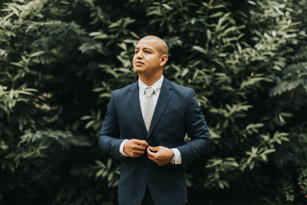 Groom Suit Navy Blue Greenhouse Garden Washington Wedding Beginning and End Photography