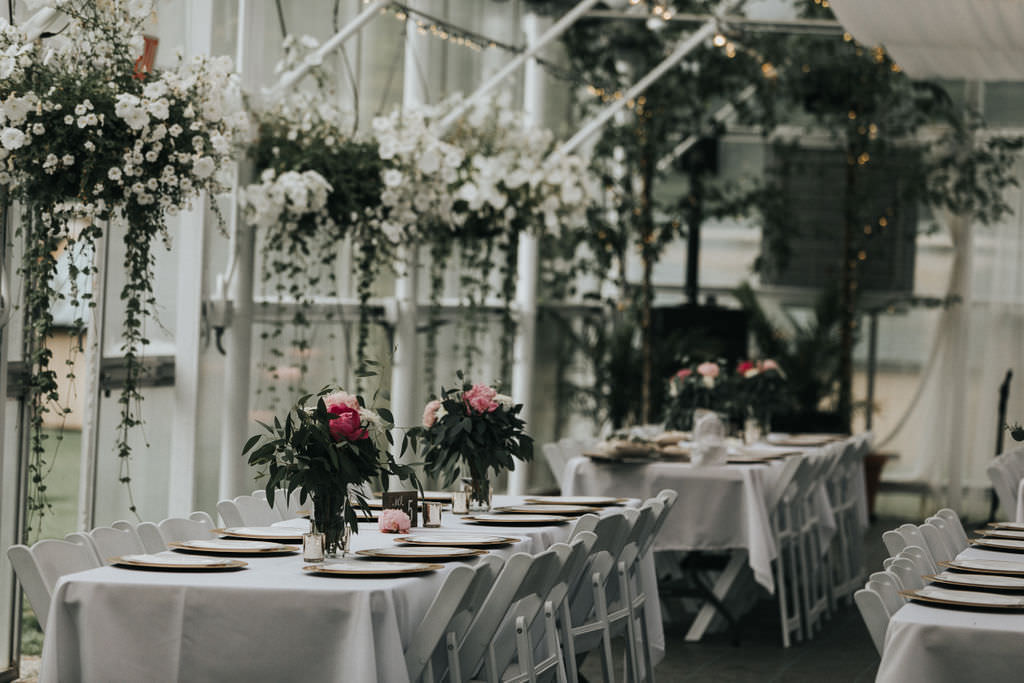 Glasshouse Drapes Decor Chic Modern Flowers Long Tables Greenhouse Garden Washington Wedding Beginning and End Photography