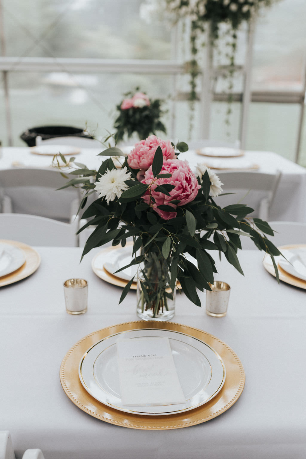 Table Flowers Vase Pink Peony Peonies Greenhouse Garden Washington Wedding Beginning and End Photography