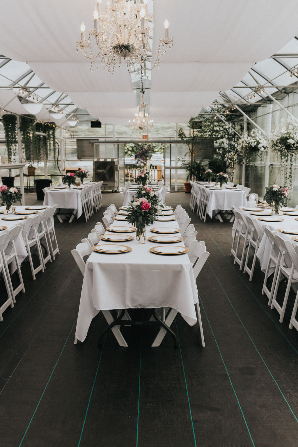 Glasshouse Drapes Decor Chic Modern Flowers Long Tables Greenhouse Garden Washington Wedding Beginning and End Photography