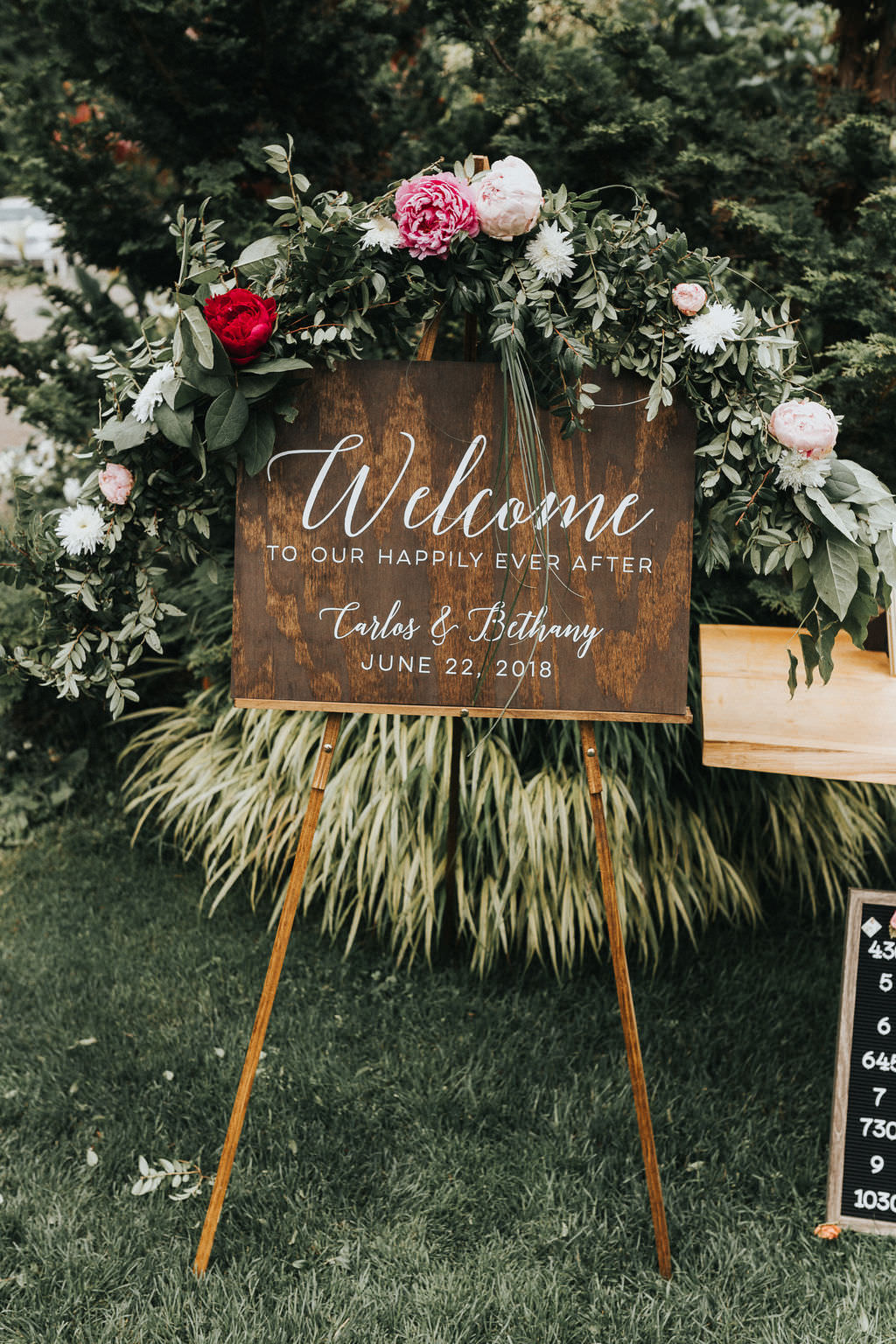 Wooden Calligraphy Welcome Sign Flowers Greenery Greenhouse Garden Washington Wedding Beginning and End Photography