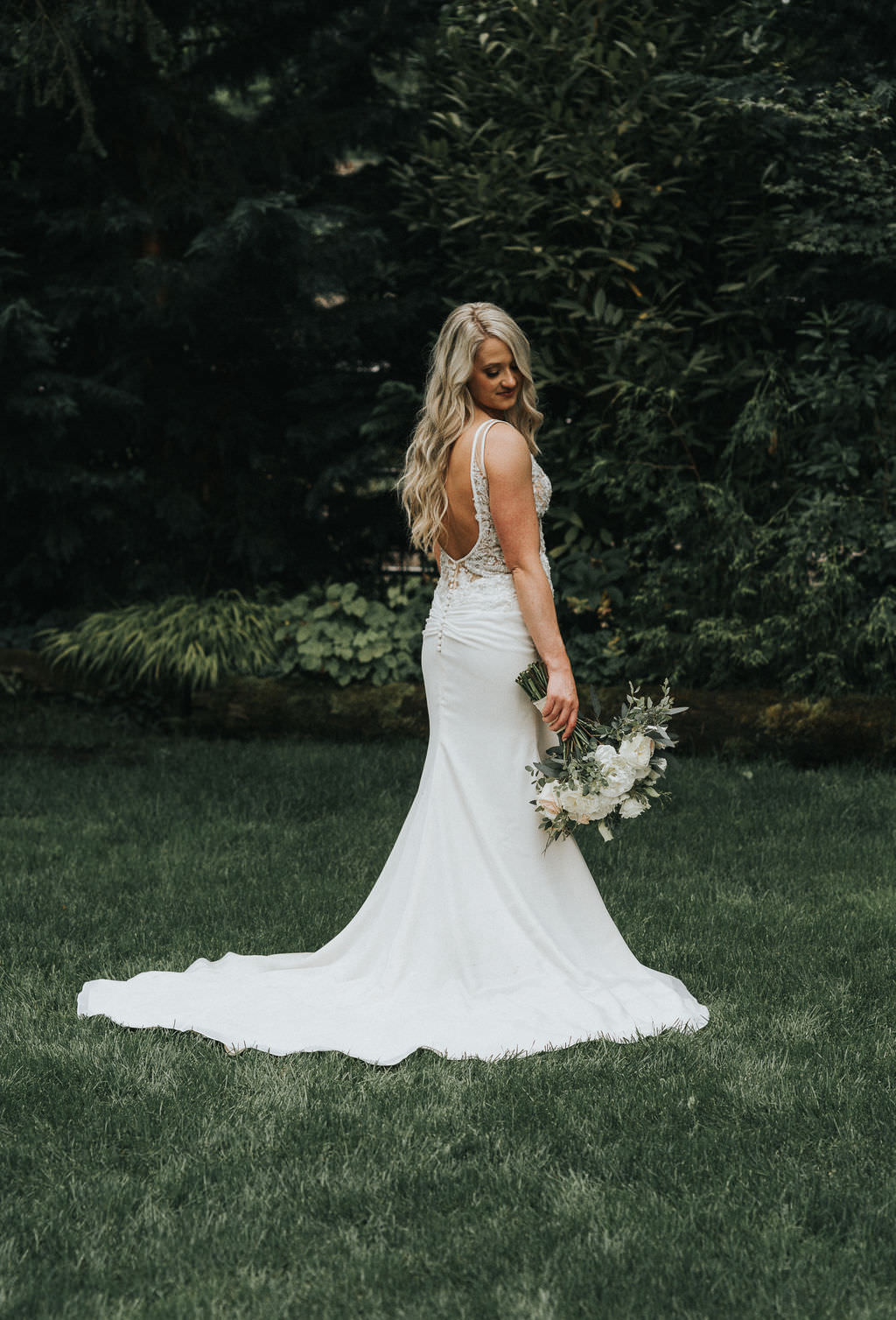 Bride Bridal Dress Gown Train Back Lace Greenhouse Garden Washington Wedding Beginning and End Photography