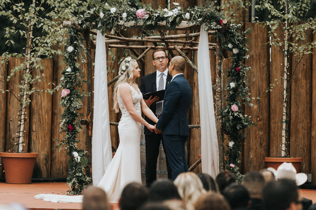 Ceremony Aisle Backdrop Arbour Arch Flowers Floral Greenery Greenhouse Garden Washington Wedding Beginning and End Photography