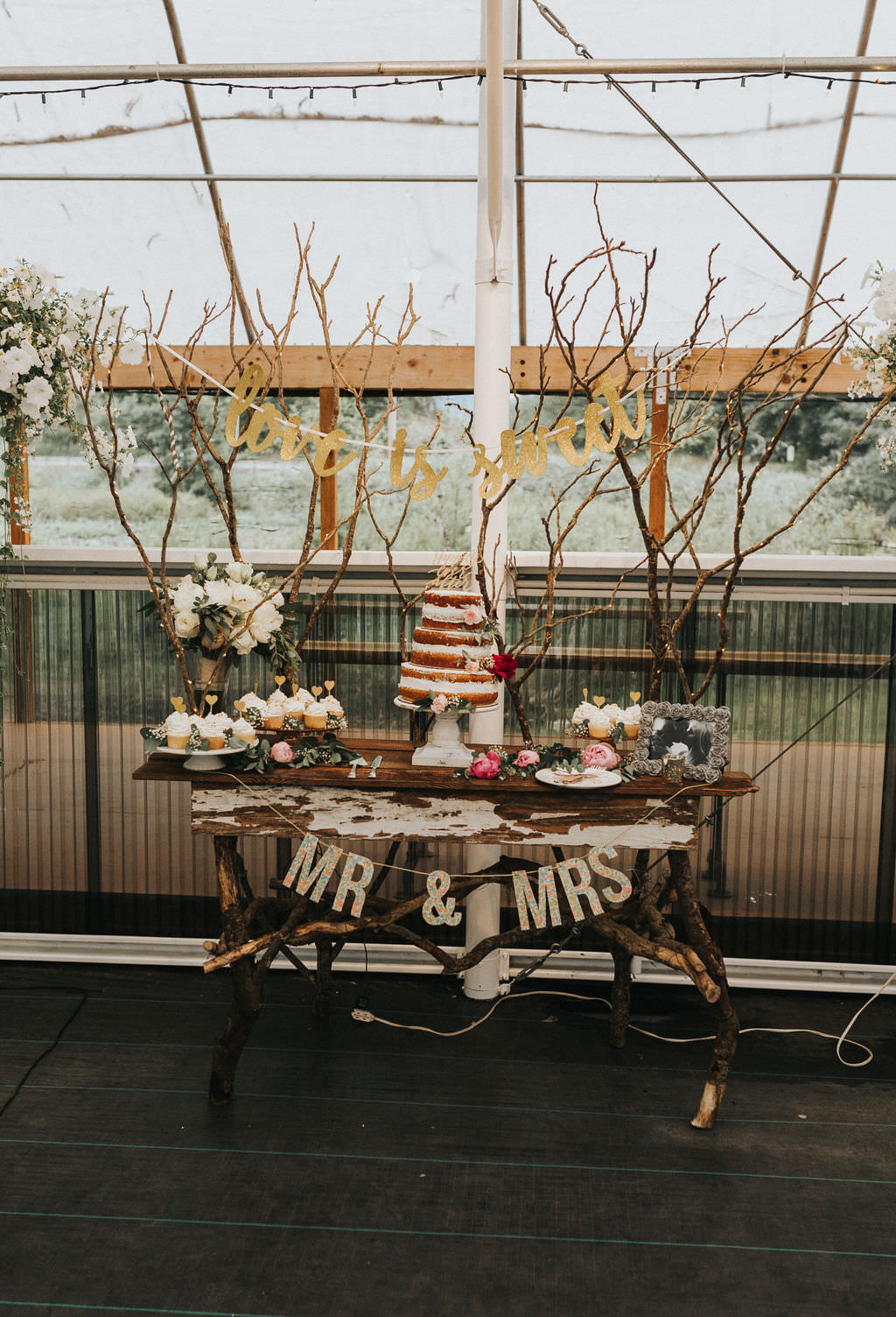 Cake Dessert Table Decor Branches Greenhouse Garden Washington Wedding Beginning and End Photography