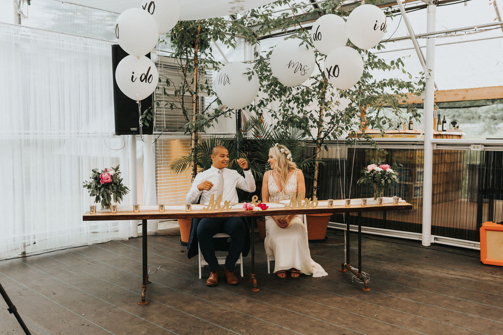 Sweetheart Table Trees Balloons Decor Greenhouse Garden Washington Wedding Beginning and End Photography