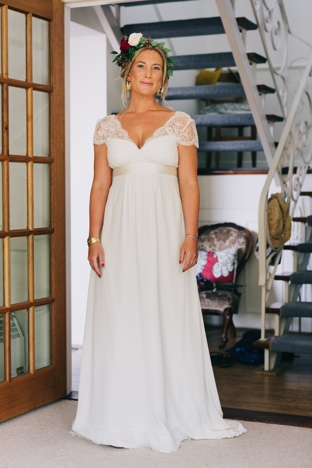 Bride Bridal Laure de Sazagan Dress Lace Cap Sleeve Foliage Flower Crown Jersey Beach Wedding Peakography