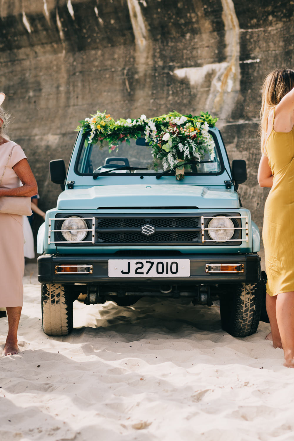 Jeep Wedding Transport Car Garland Foliage Flowers Jersey Beach Wedding Peakography