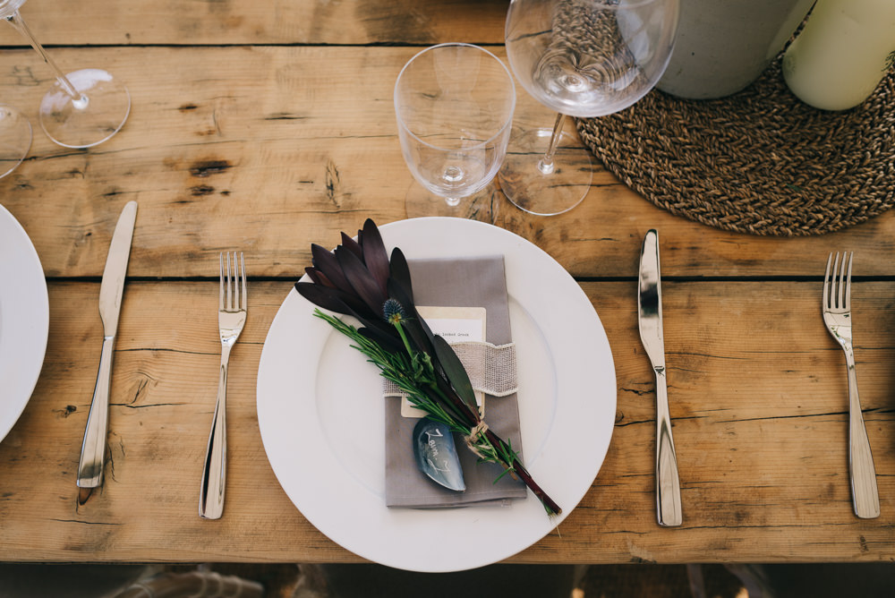 Table Setting Grey Napkin Ribbon Shell Jersey Beach Wedding Peakography