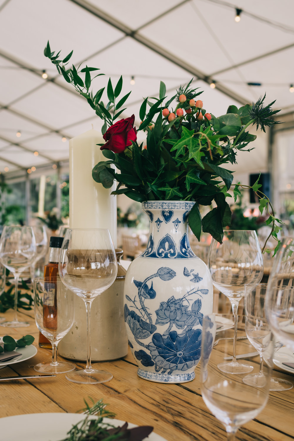 Floral Foliage Arrangement Vase Blue White Jersey Beach Wedding Peakography