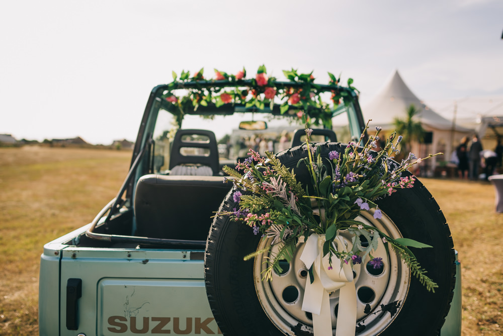 Wedding Transport Jeep Floral Foliage Ribbon Jersey Beach Wedding Peakography