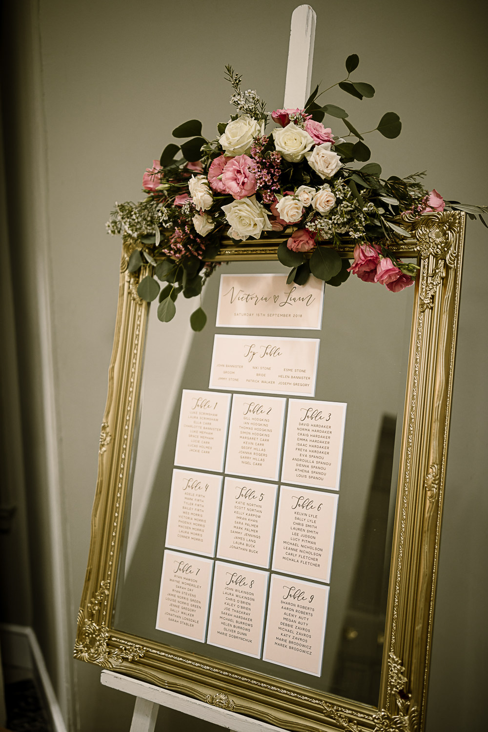 Gold Frame Mirror Table Plan Seating Chart Floral Flowers Garland Lartington Hall Wedding Hayley Baxter Photography