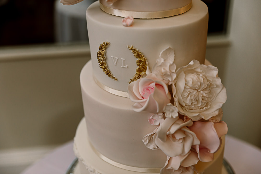 Cake Monogram Flowers Tiered Lartington Hall Wedding Hayley Baxter Photography