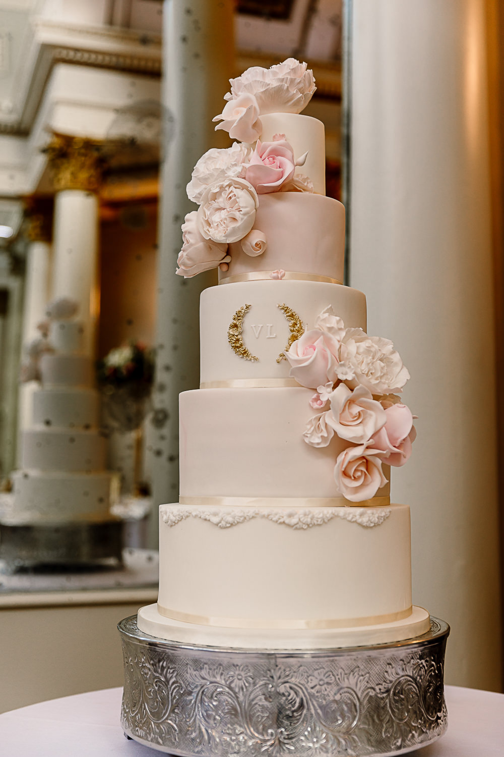 Monogram Icing Flowers Five Tier Peony Lartington Hall Wedding Hayley Baxter Photography